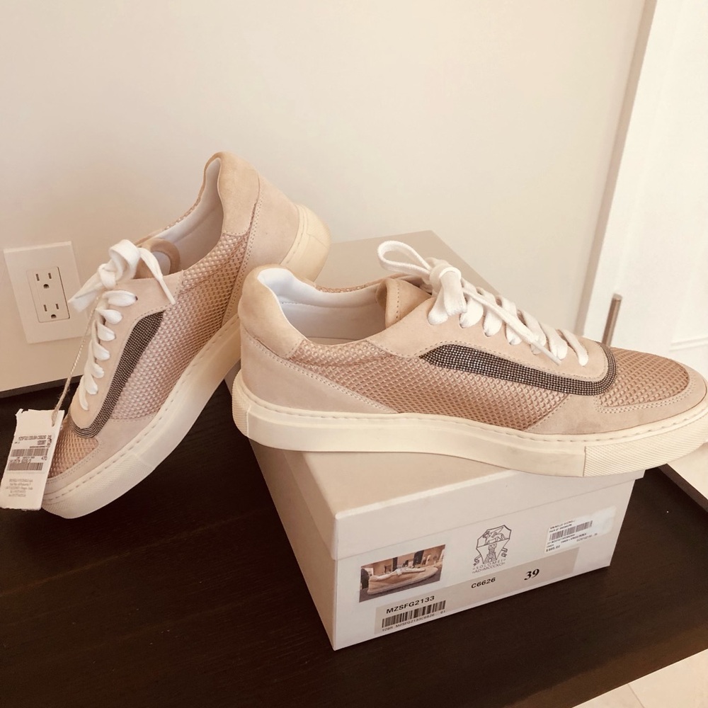 NWOT Brunello Cucinelli Beige and Cream Mesh Low-Top Sneakers